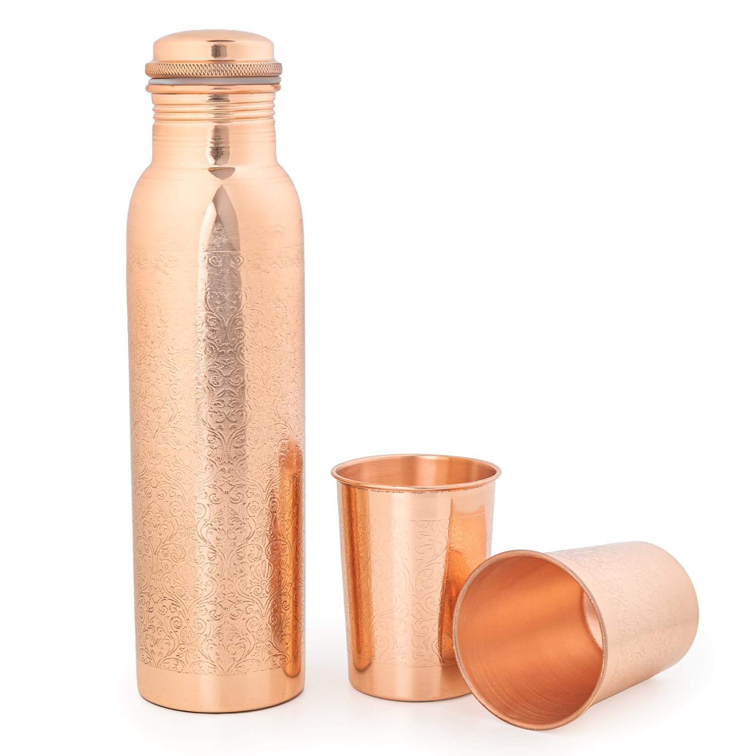 AURASHIE Pure Copper Drinkware Gift Set – Embossed Design with 1 Bottle (900 ML) & 2 Glasses (300 ML) in a Blue Box – Gifting Item for Diwali, Weddings, and Festive Occasions