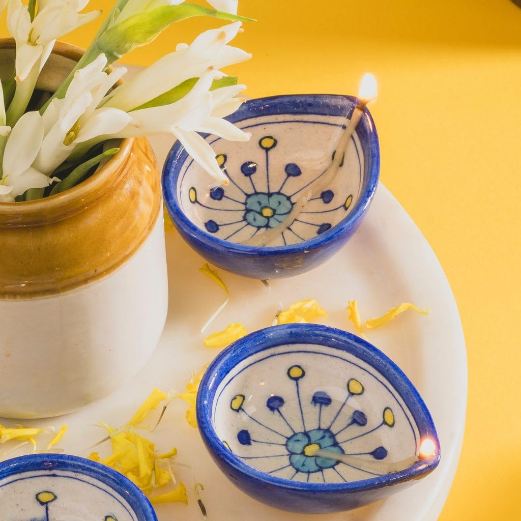 ATRANGI STUDIO Lily Blue Pottery Diya - Set of 10 | Handcrafted Decorative Oil Lamps | Colourful diyas for puja Rituals, Festive Decoration | Perfect for Rangoli, Traditional Lighting (Blue)