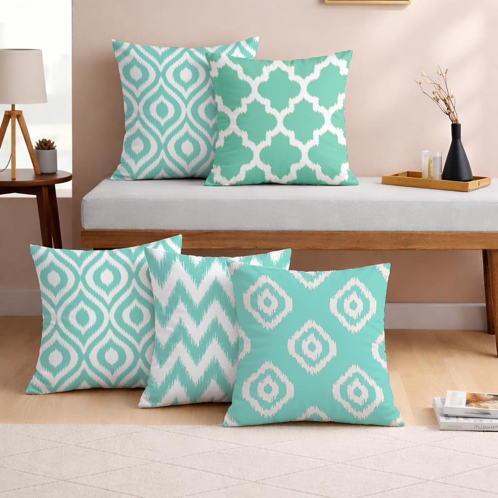 STITCHNEST Set of 5 Polycotton Cushion Covers – 16x16 Inches – Teal & White Ikat Geometric Print – Elegant Cushion Covers for Sofa & Living Room | Perfect for Home Decor