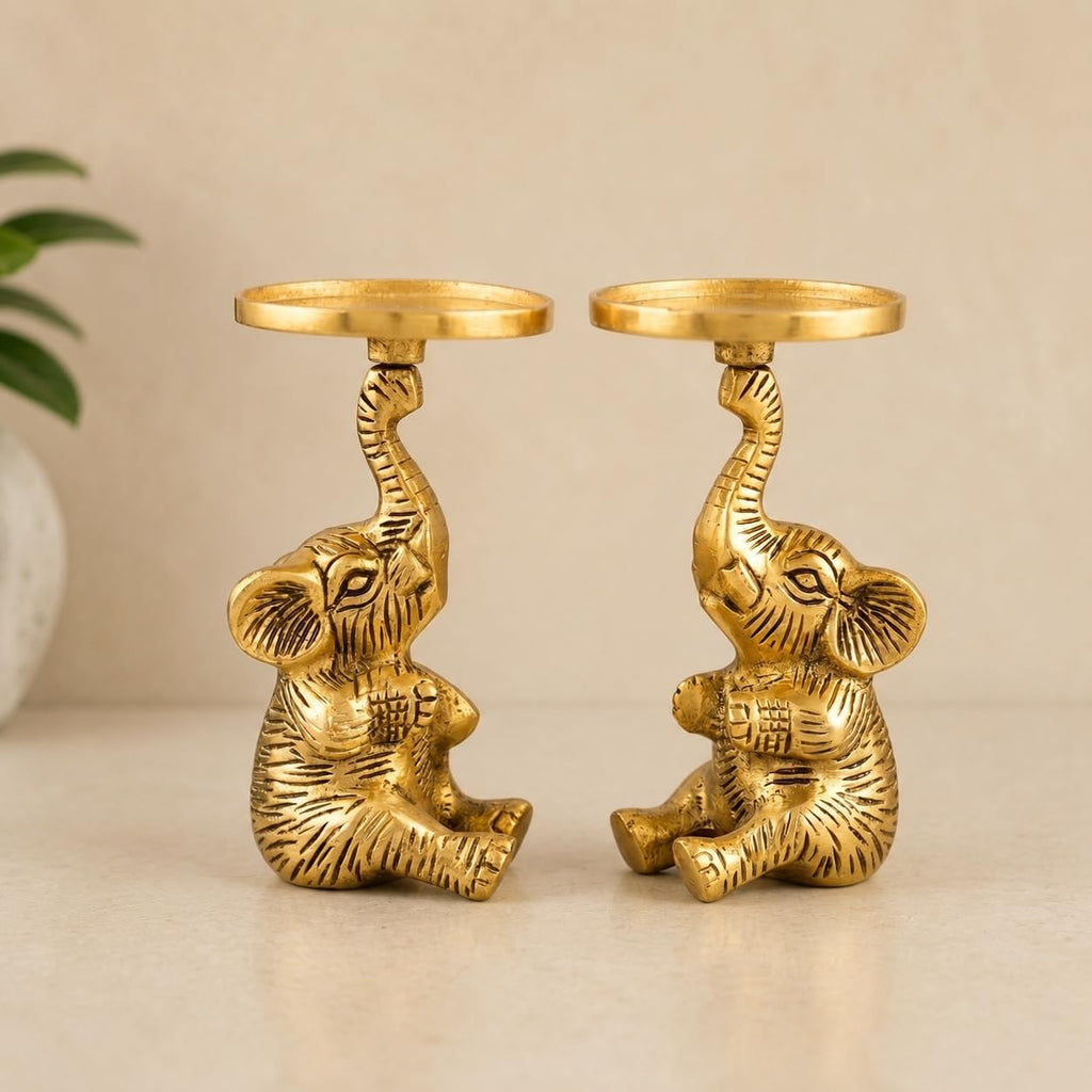 KridayKraft Baby Elephant Figurine T-Light Candle Holder, Gold Antique Finish (15 cm, 300 gm) – Vastu Good Luck Elephant Showpiece for Home Decor, Diwali Gifting, Living Room & Table Accents.