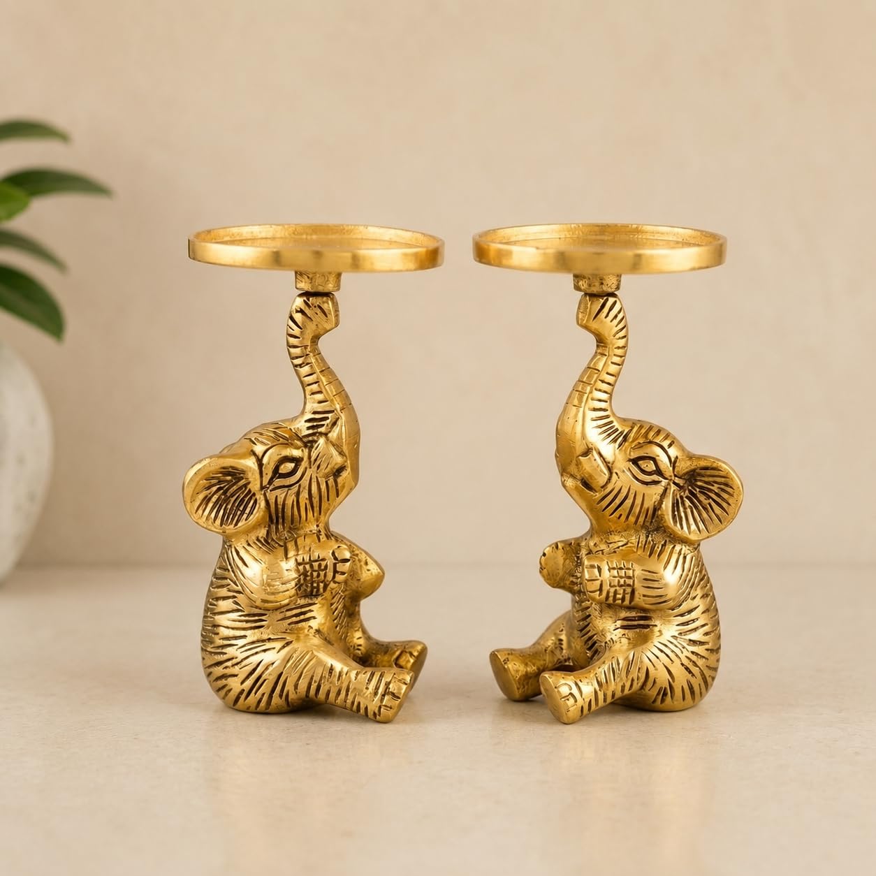 KridayKraft Baby Elephant Figurine T-Light Candle Holder, Gold Antique Finish (15 cm, 300 gm) – Vastu Good Luck Elephant Showpiece for Home Decor, Diwali Gifting, Living Room & Table Accents.