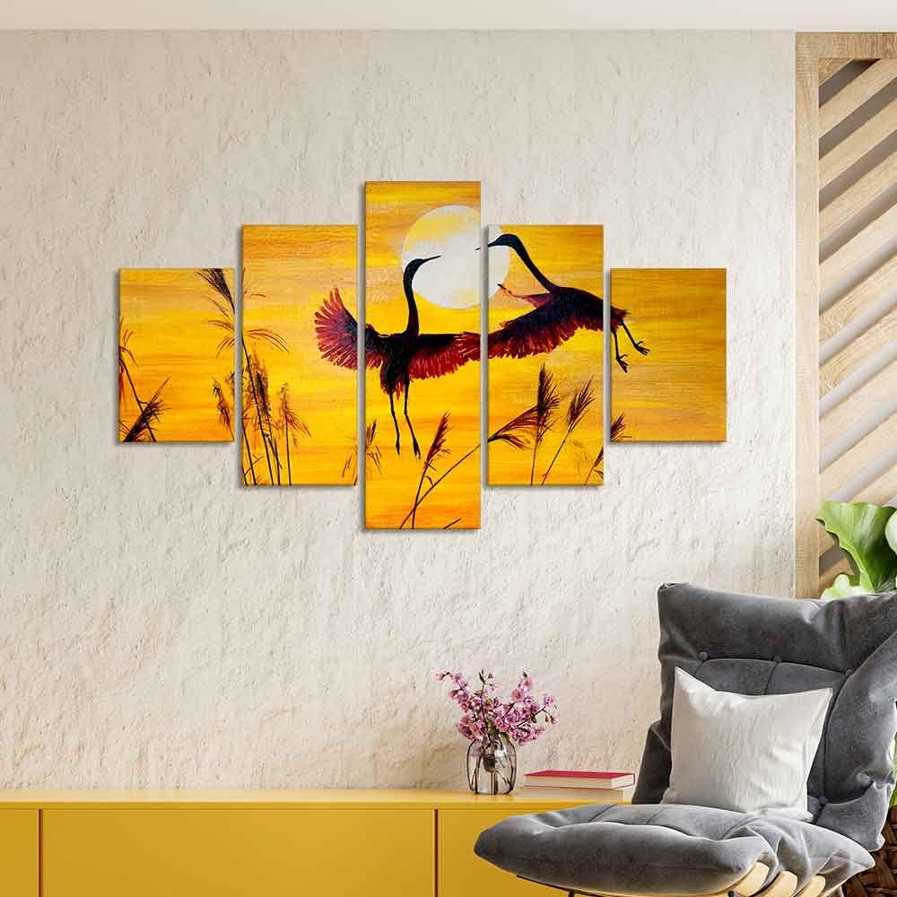VIBECRAFTS Pair Of Cranes Over An Autumn 5 Pieces Premium Wall Painting For Home|Office|Living Room|Gift (PTVC5Pcs1_5509)