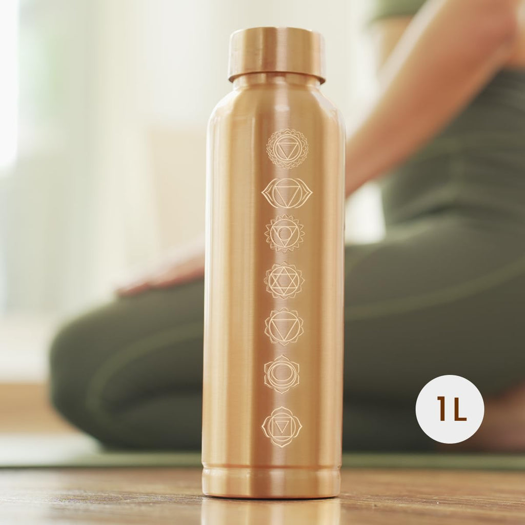 Pure Copper Water Bottle 1 Litre, 7 Chakra, Leak Proof, Boosts Immunity, Ideal For Office, Gym, Yoga, Gifting, 1L