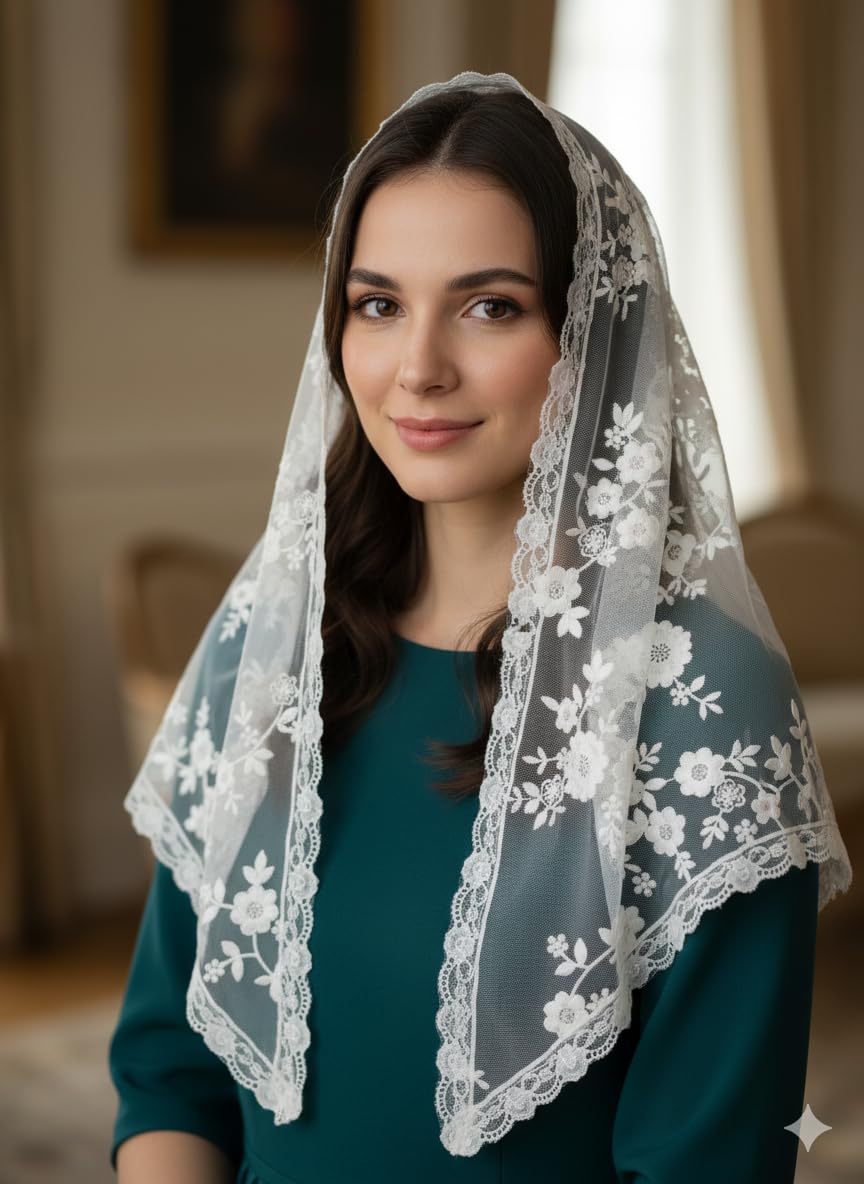 ELITE APRIL White Triangle church scarf, Christian scarf, with wig clip(wig pin) 120 * 80 cm. Elegant Floral Lace Mantilla Veil, Traditional Catholic Church Head Covering