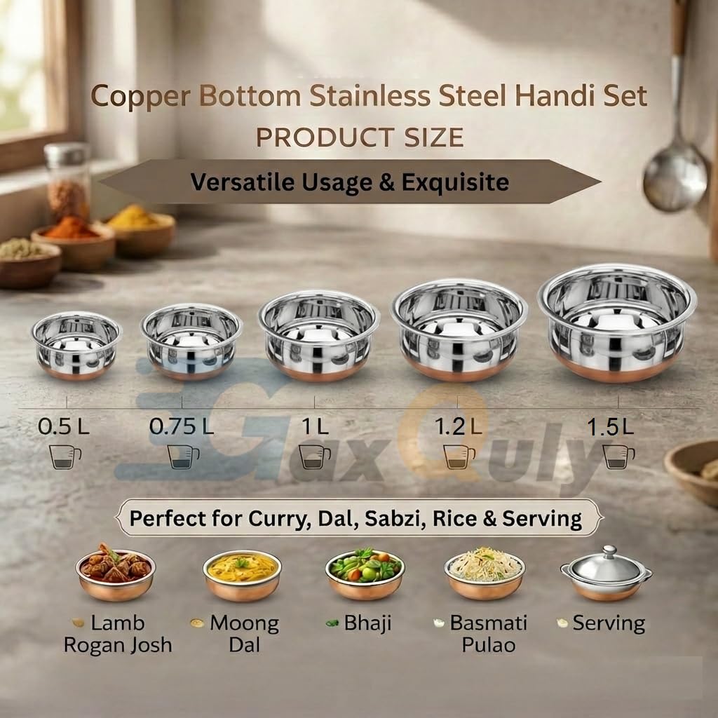 GaxQuly Stainless Steel Copper Bottom Urli Handi Set Kitchen Serving, Cooking Bowl Cookware Set | Milk Pan Tea & Coffee Punjabi Biryani Pot tapeli patila 0.5/0.75/1/1.25/1.5 Liter (Lid Handi 5pcs)