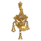ARTVARKO Brass Diya with Three Hanging Bells on Chain Designer Lotus Kamal Wall Diya Home Office Décor Deepak Decorative Deepam Showpiece Gifting 10 Inch
