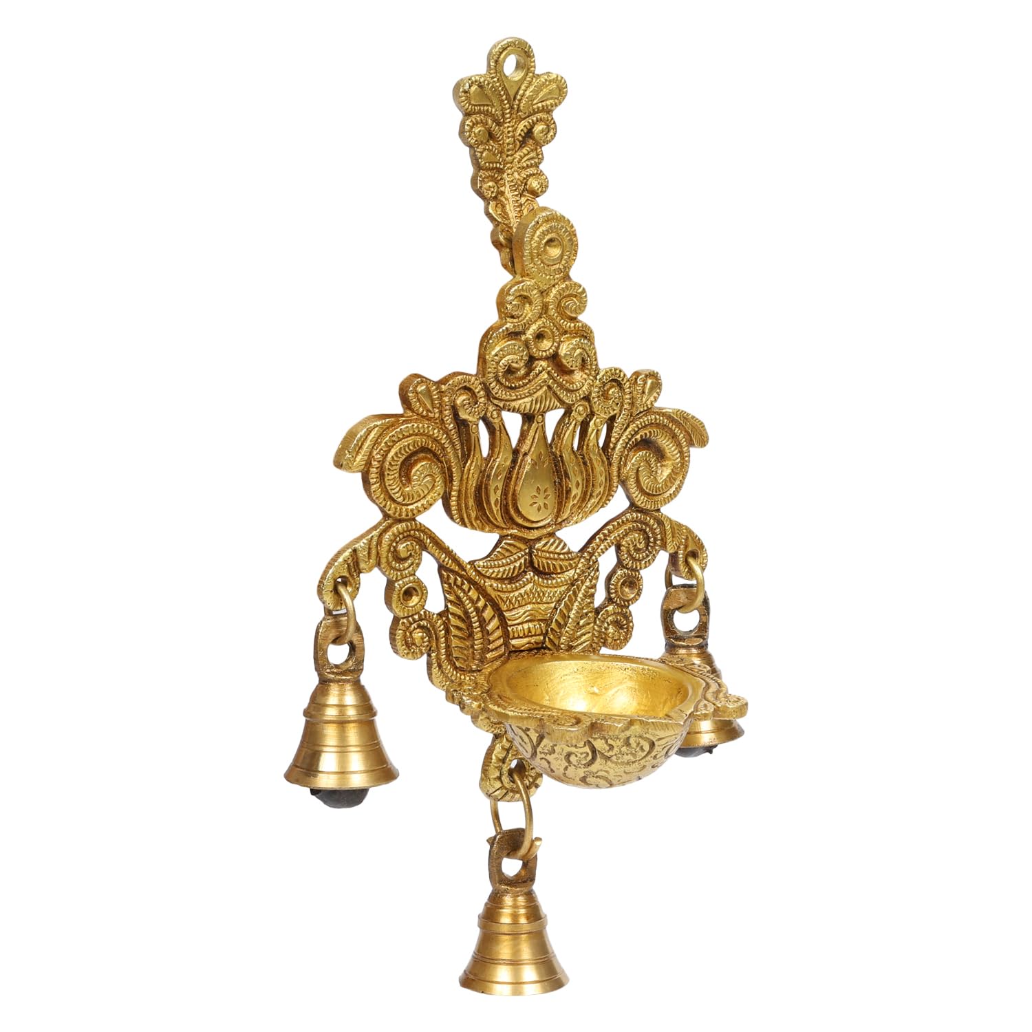 ARTVARKO Brass Diya with Three Hanging Bells on Chain Designer Lotus Kamal Wall Diya Home Office Décor Deepak Decorative Deepam Showpiece Gifting 10 Inch