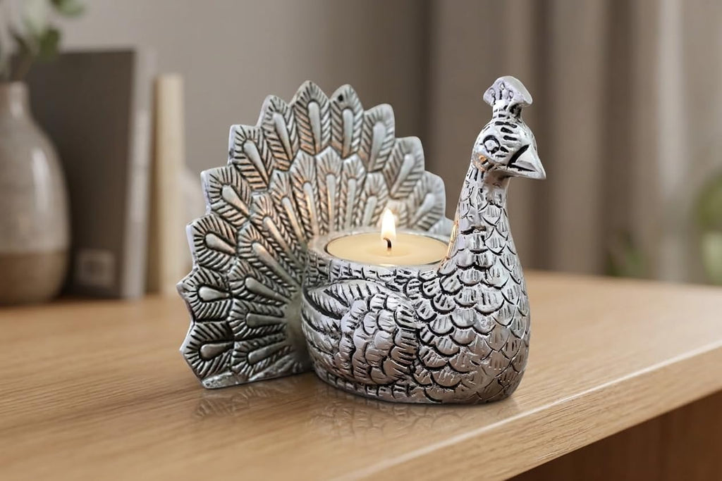 KridayKraft Designed with a Versatile Central Cavity, This Peacock Serves as a Stunning tealight Candle Holder, a mini Indoor Planter, a Unique Pen Stand,(Peacock Small Silver).