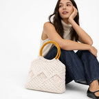 KARIMA CRAFT Handmade Macramé Handbag with Wooden Handles | Boho Cotton Tote Bag for Women | Stylish Crochet Purse for Daily Use, Beach & Parties