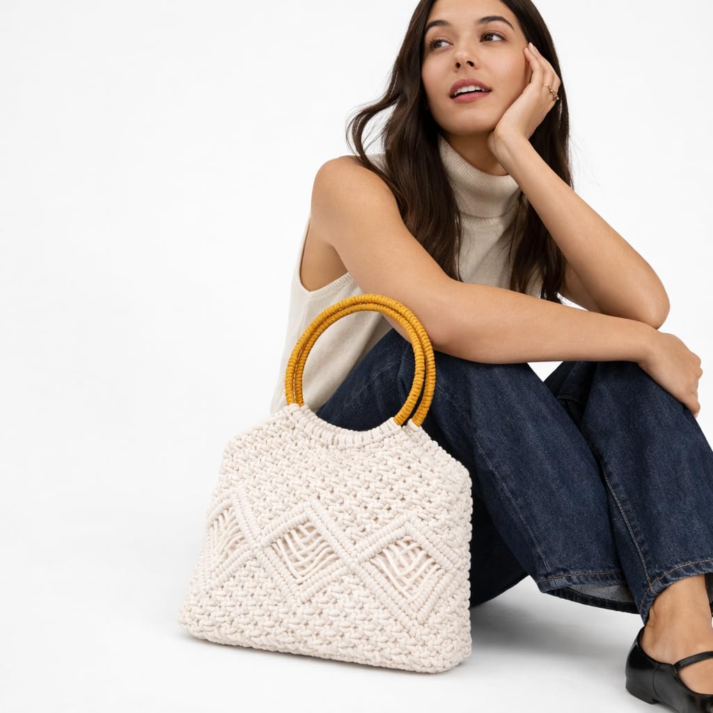 KARIMA CRAFT Handmade Macramé Handbag with Wooden Handles | Boho Cotton Tote Bag for Women | Stylish Crochet Purse for Daily Use, Beach & Parties