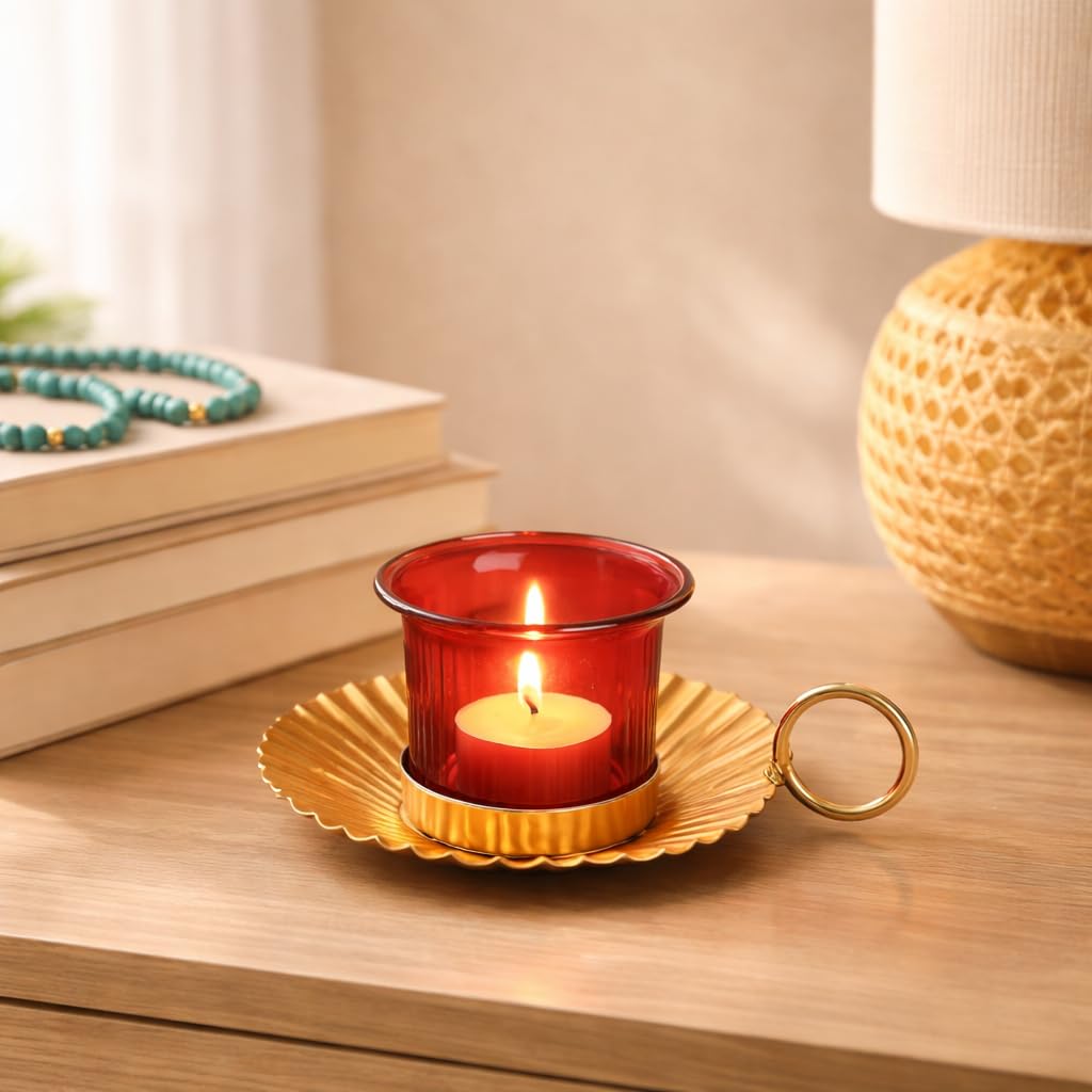 MARKET 99 Metal+Glass Single Votive T Light Holder | for Diwali, Christmas, Birthday, and Wedding | Decorative Candle Holder for Home Decor & Festive Season | Golden & Red