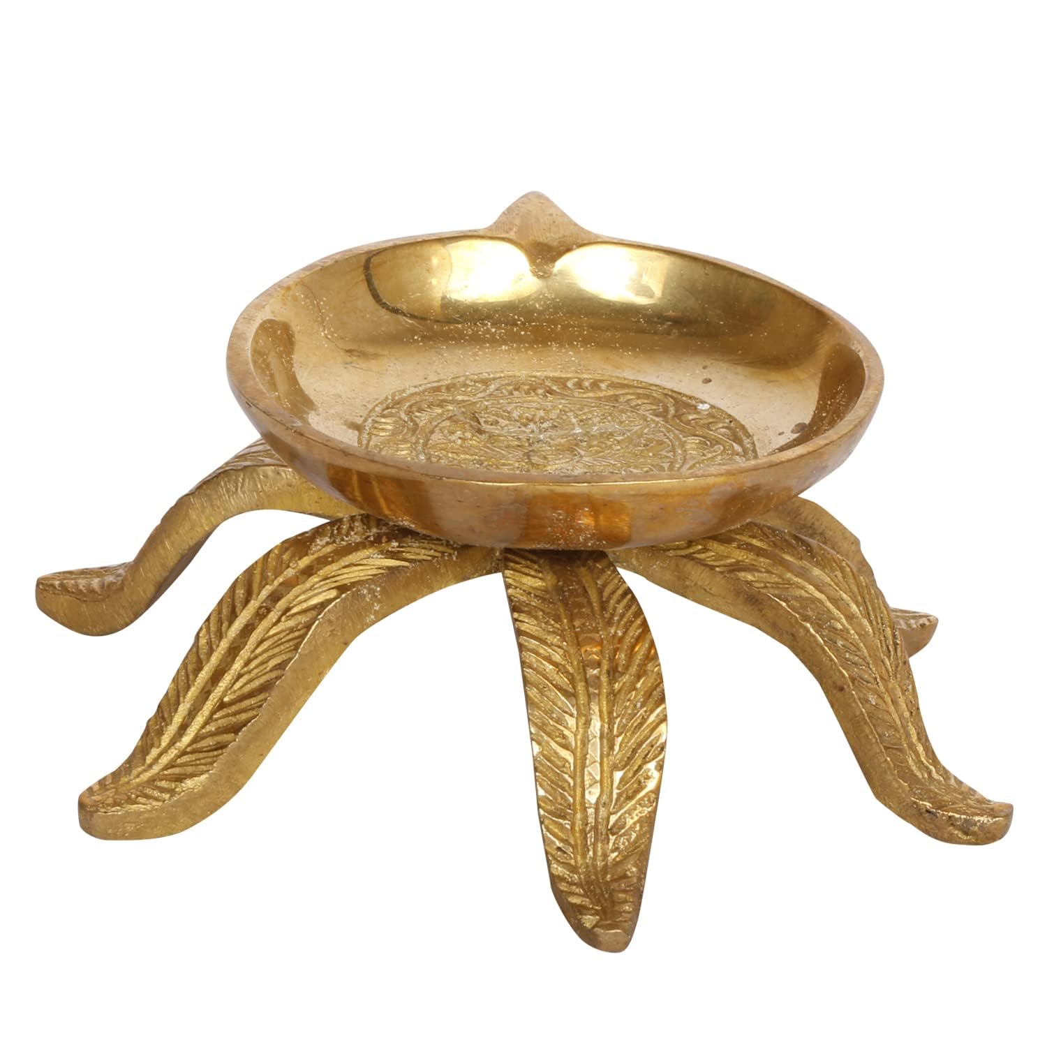 Svarup Brass Diya with Leaves Stand for Temple Aarti, Camphor Burn, Puja Jyot 5.5 Inch Gold Pack of 1