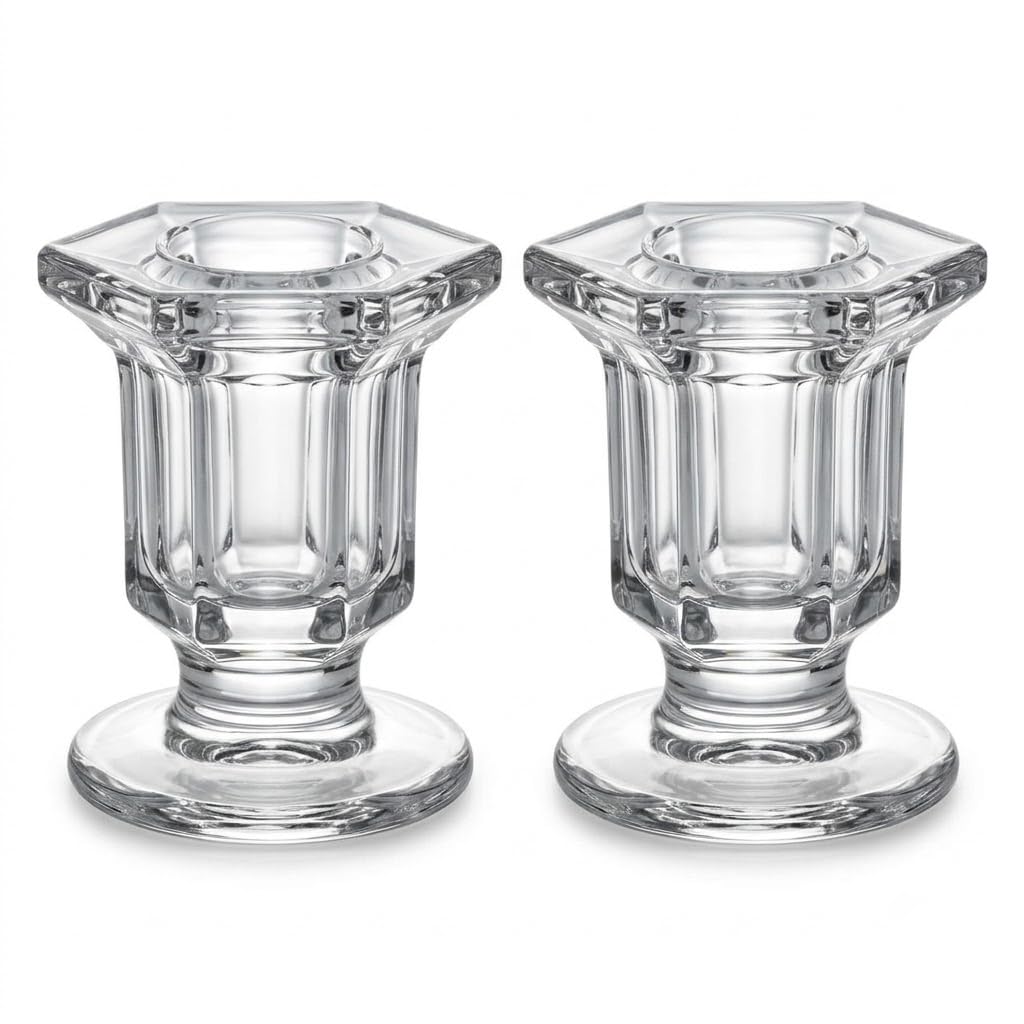 MAHANTIK Crystal Glass Taper Candle Holder 6 CM Set of 2, Clear Glass Candlestick Holders for Dining Table, Wedding Centerpiece, Home Decor, Modern Decorative Candle Stand for Taper Candles