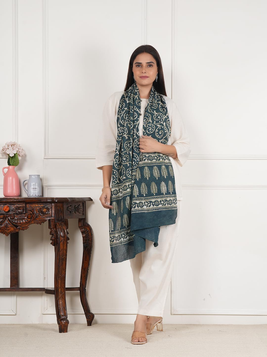 RAI SAHAB Printed Cotton Women Scarf, Stole, Fancy Scarf(ST-124GRN10)