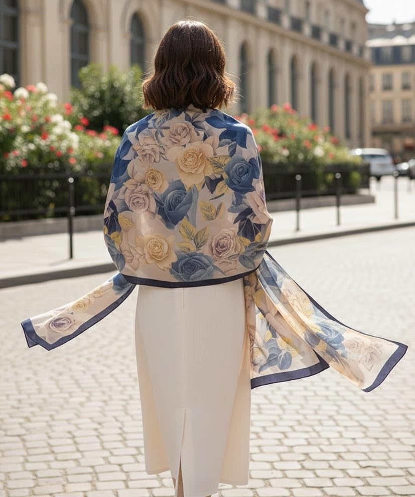 Alexvyan Satin Silk Summer Scarves 180 x 84 cm, Blue Rose Theme with Stitched Border, Lightweight Fashion Scarf for Women Sun Protection Stole