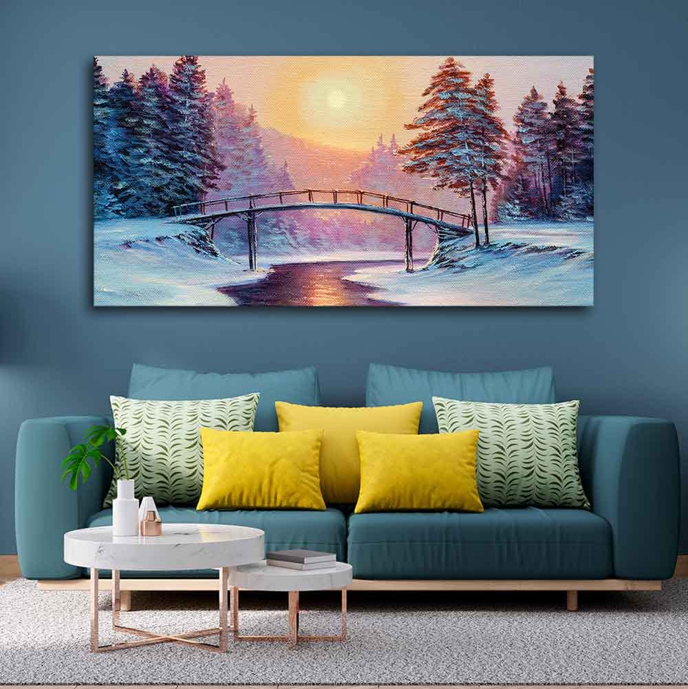VIBECRAFTS Canvas Paintings for Living Room Drawing Room Premium Wall Painting of Winter Landscape with the River Fitted with Wooden Frame for Home|Office|Gift(PTVCH_2262)(48 x 24 Inches)