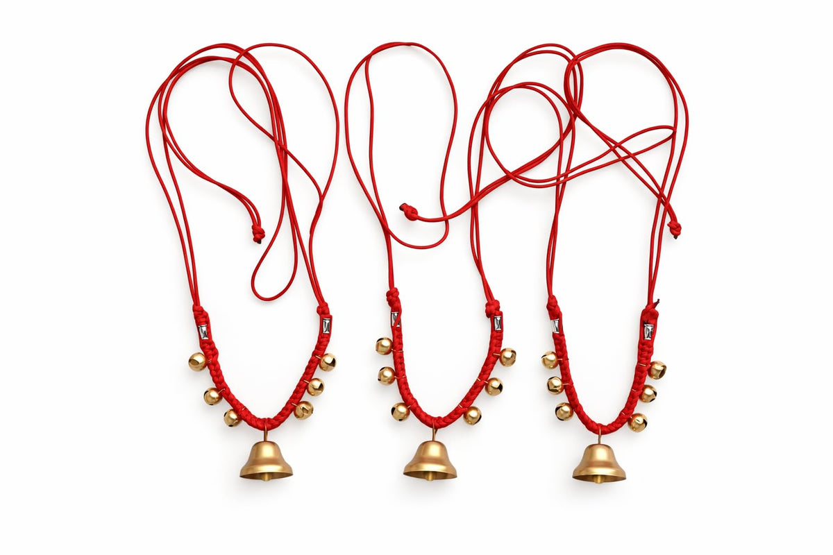 Handmade Brass Cow/Buffalo/Goat/Sheep Bell Necklace with Red String, Traditional Indian Golden Ghungroo Style Mala | Decorative & Functional Cow Accessories for Gaushalas & Festivals |Set of3