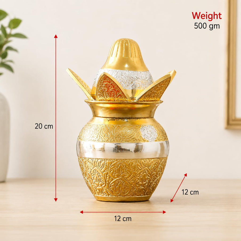 KridayKraft Gold-Silver Plated Pooja Kalash with Coconut, Leaves, and Royal Velvet Box Kalash Ideal Poojan Home, Temple, and Living Room Décor (Pack of 1)