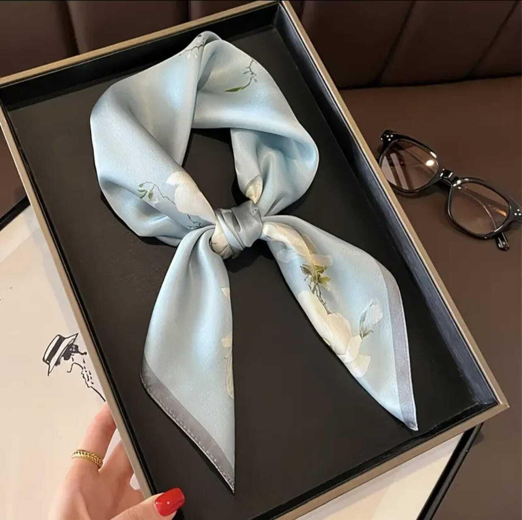 Silk Scarf with Magnolia Floral Print, Grey, Silk Finish, Elegant Neck Wrap