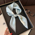 Silk Scarf with Magnolia Floral Print, Grey, Silk Finish, Elegant Neck Wrap