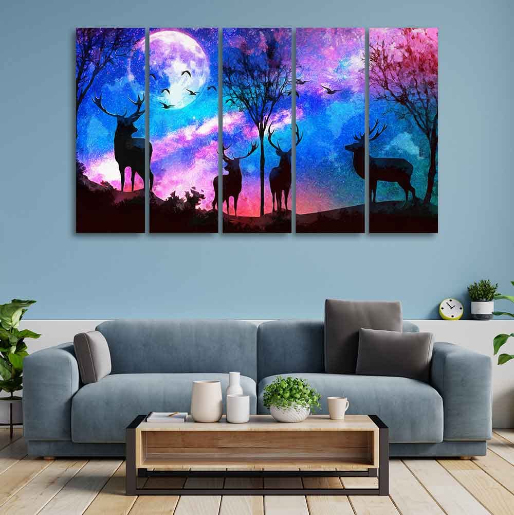 VIBECRAFTS Deer Silhouette Colorful Sky Wall Painting of Five Pieces For Home|Office|Living Room|Gift (PTVC5Pcs4_8675)