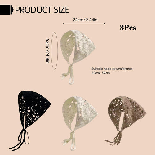 3Pcs Crochet Bandana Head Scarf for Women, Bohemian Triangle Hair Scarves with Black White Brown Colors, Lightweight Summer Beach Accessories for Outdoor Activities and Daily Wear