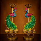ATRANGI STUDIO Ganesha & Peacock Iron Tealight Holder | Handcrafted Festive Decor | Designer Tealight Candle Holder | Hold 3 tealight Candles | Perfect for Pooja Shelf, Side Table & Gifting | 13 Inch