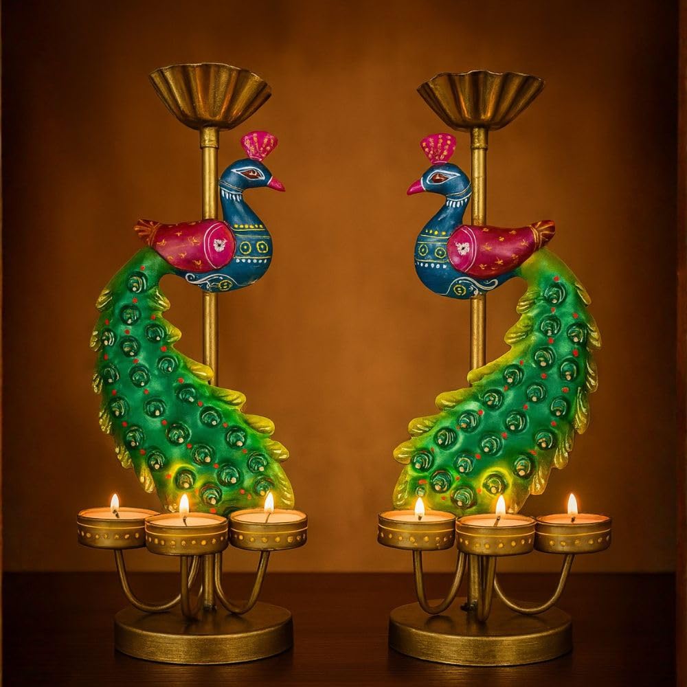 ATRANGI STUDIO Ganesha & Peacock Iron Tealight Holder | Handcrafted Festive Decor | Designer Tealight Candle Holder | Hold 3 tealight Candles | Perfect for Pooja Shelf, Side Table & Gifting | 13 Inch