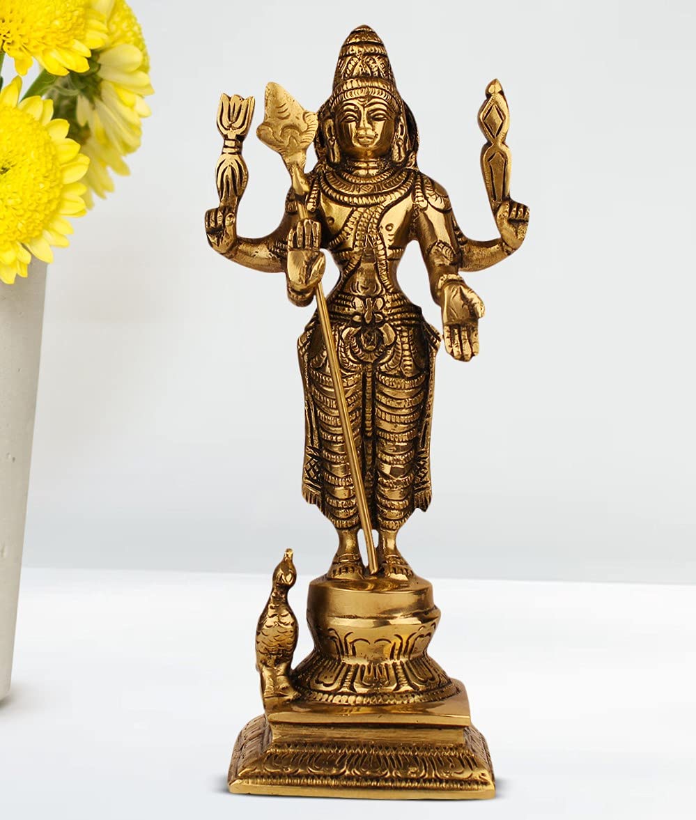 ARTVARKO Brass Lord Murugan Kartikeya Murugana Kumaraswamy Karthikeya Standing Idol Swaminatha Skanda Murti Swami Ji Height 8 Inches