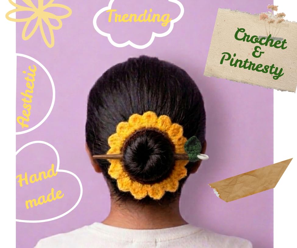 Handmade Crochet Sunflower Hair Bun Holder with Wooden Stick Pin, Yellow Floral Hair Accessory