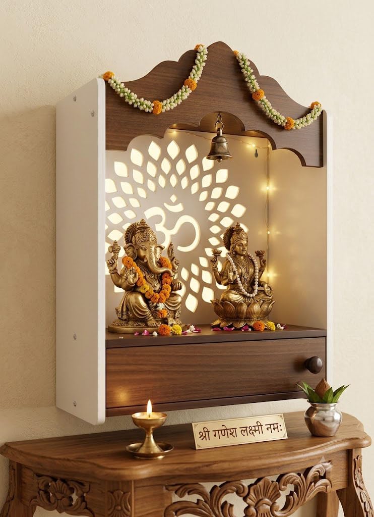 Crosscut Wooden wall Hanging mandir, Temple for Home and Office Pooja (Dual Arch Design)