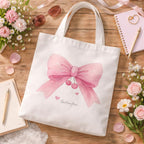 Mohini Dreams Pink Bow Cherry Printed Canvas Tote Bag for Women, Cute White Cotton Reusable Shoulder Bag, Lightweight Handbag for Shopping Travel Office College Daily Use Eco Friendly Carry Bag