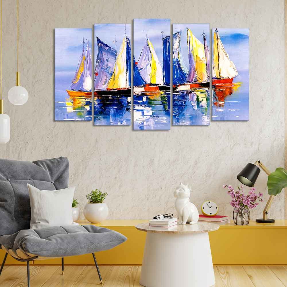 VIBECRAFTS Boats in Ocean Canvas Wall Painting of Five Pieces For Home|Office|Living Room|Gift (PTVC5Pcs2_6532)