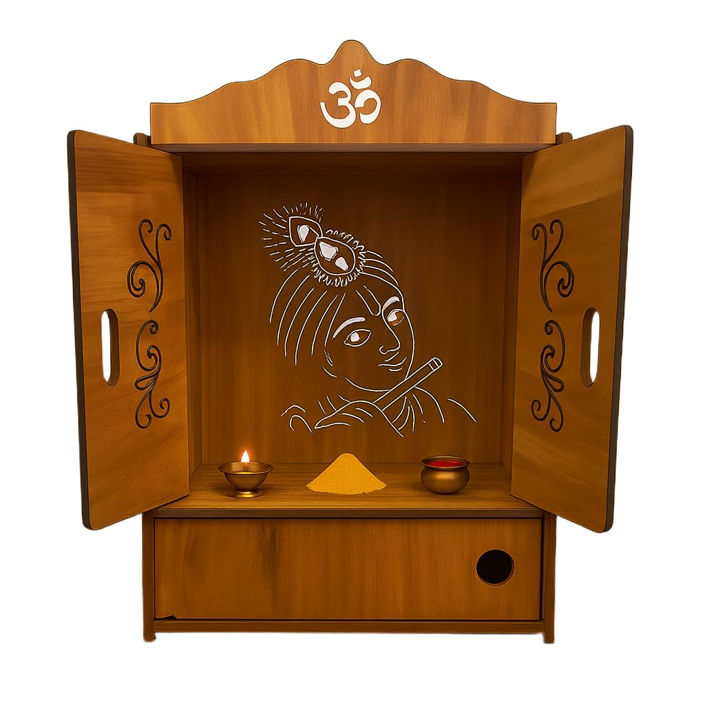 ARTIHC CRAFT Large Wooden Home Temple Mandir with Doors, Krishna Wall Art Design, Dual Storage Drawers, and Wall-Mounting Capability, Ideal Pooja Unit for Home Worship| Sculpture-Door-Krishna-SD