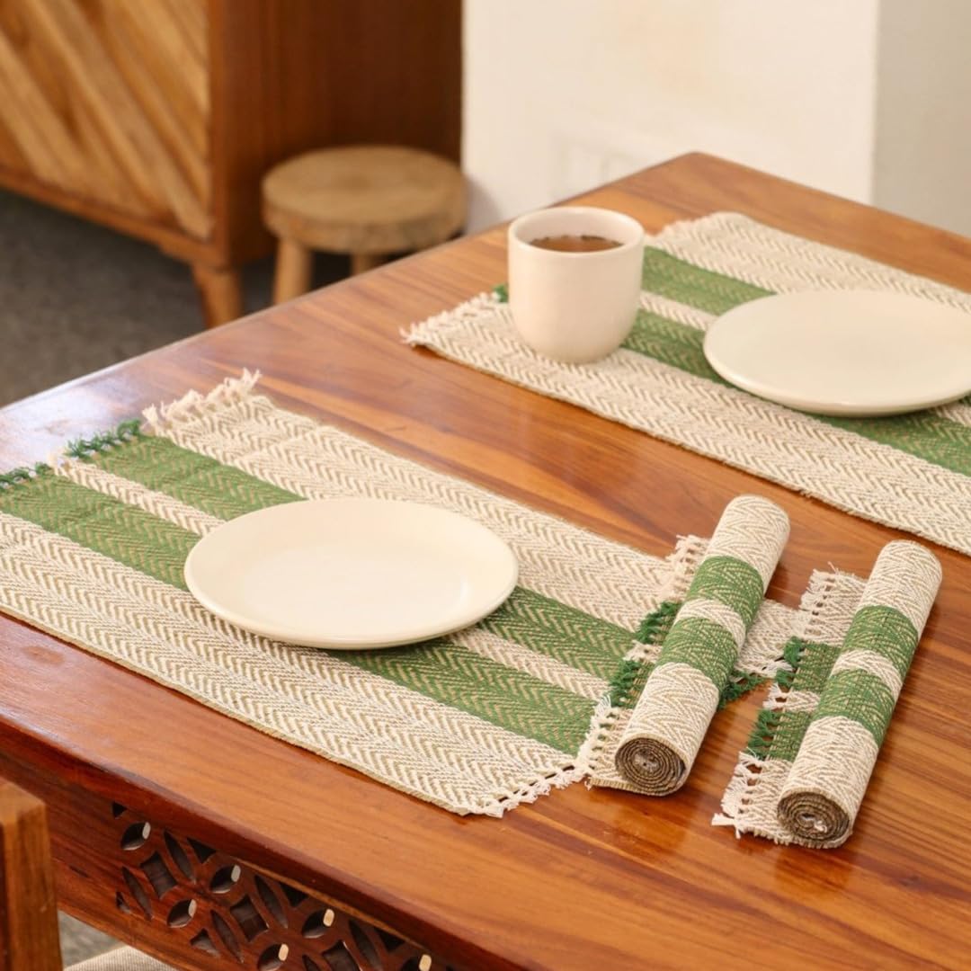Peepul Tree Placemats Pack of 4 for Dining Table | Olive Green & Off White Cotton Table Mats | Washable Heat Resistant Dining Table Place Mats for Home, Kitchen, Hotel & Dining Decor Kafalo