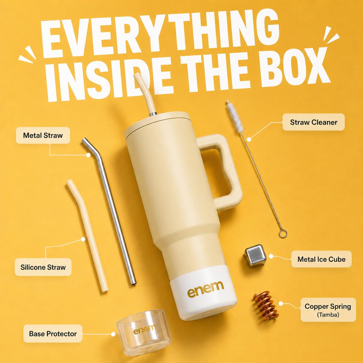 enem Tumbler, Minimal Latte, Tumbler with Metal Straw, Sipper, with Lid Leak Proof, 1 Metal Ice Cube, 1 Copper Spring (Tamba), Base Protector, Mug Travel, 1.2L