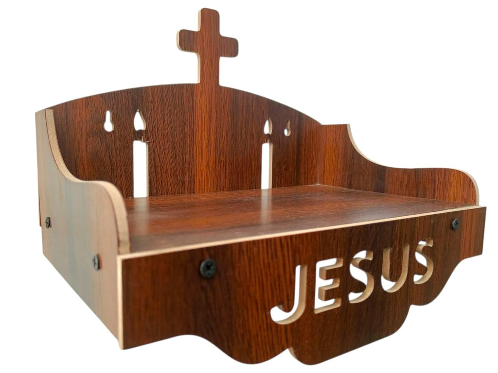 Jesus Wooden Wall Shelf with Cross Design Christian Pooja Stand for Home