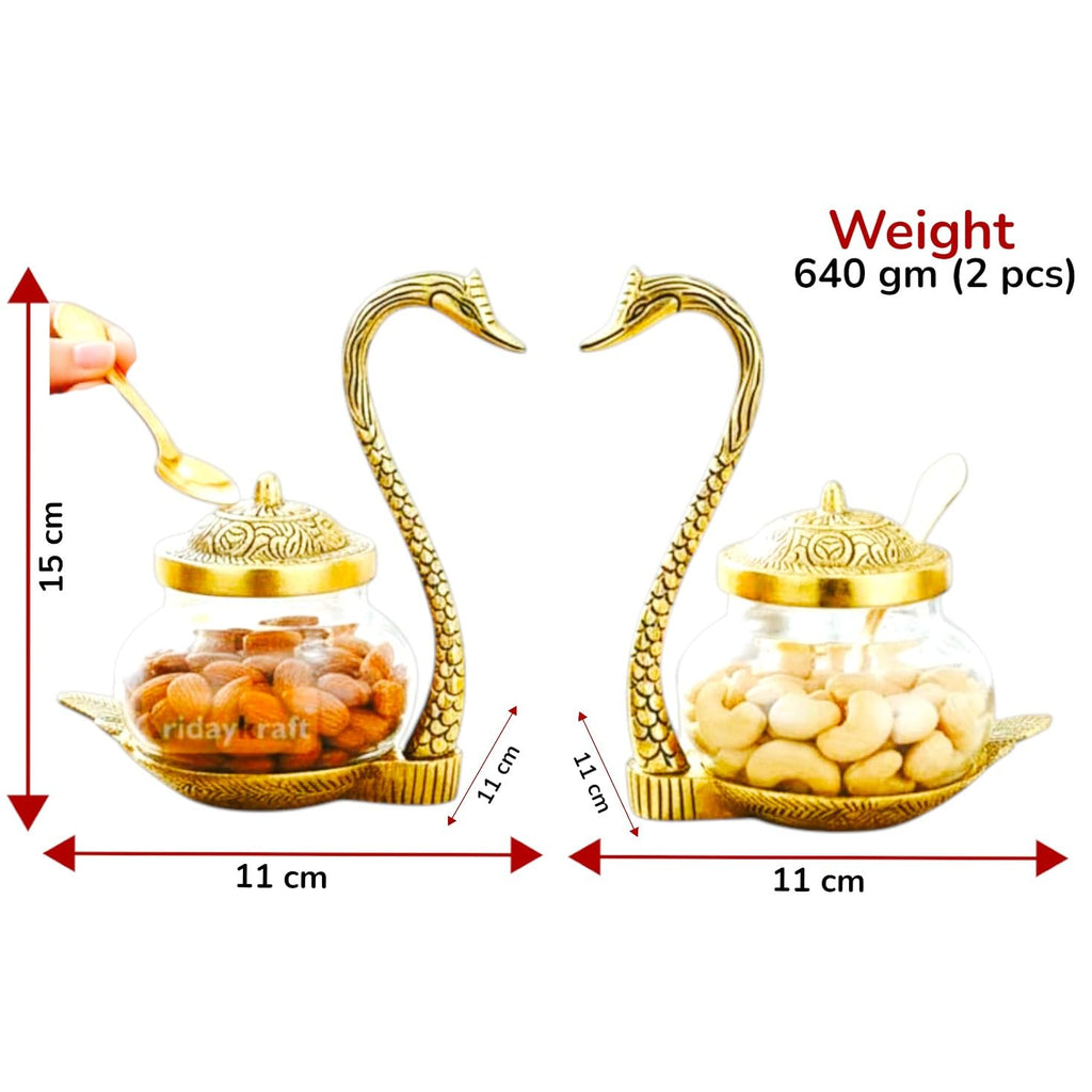 KridayKraft Metal Kissing Duck Transparent Glass Bowl With Spoon Set Of 2 Pcs For Saunf Supari Tray,Dry Fruit And Candy For Home & Offce Table Decoration Animal Showpiece Serving Bowl Set..., 500 Ml