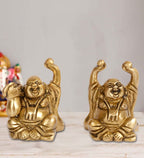 ARTVARKO Brass Feng Shui Chinese Happy Man Set (2 Pcs) Laughing Buddha Golden Statue for Money, Wealth & Good Luck, Decorative Idol Showpiece for Home Decoration Small 6 cm