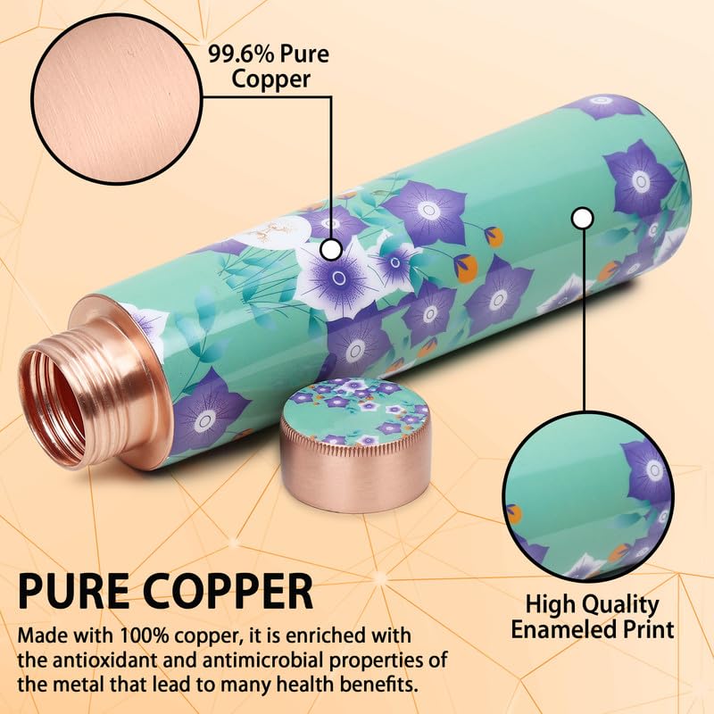 MERCAPE® Pure Copper Water Bottle 900ml | Jointless Design with Leak-Proof Cap | Floral Printed Copper Bottle for Home, Office, School, Travel & Gym | Durable Exterior Finish