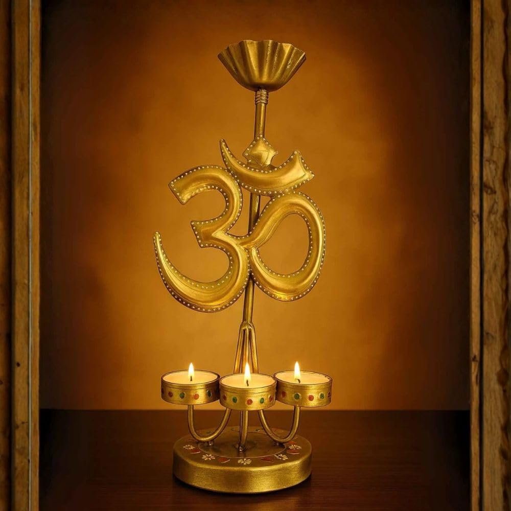 ATRANGI STUDIO Om Iron Tealight Holder | Handcrafted Festive Decor | Designer Tealight Candle Holder | Hold 3 tealight Candles | Perfect for Pooja Shelf, Side Table & Gifting | 13 Inch
