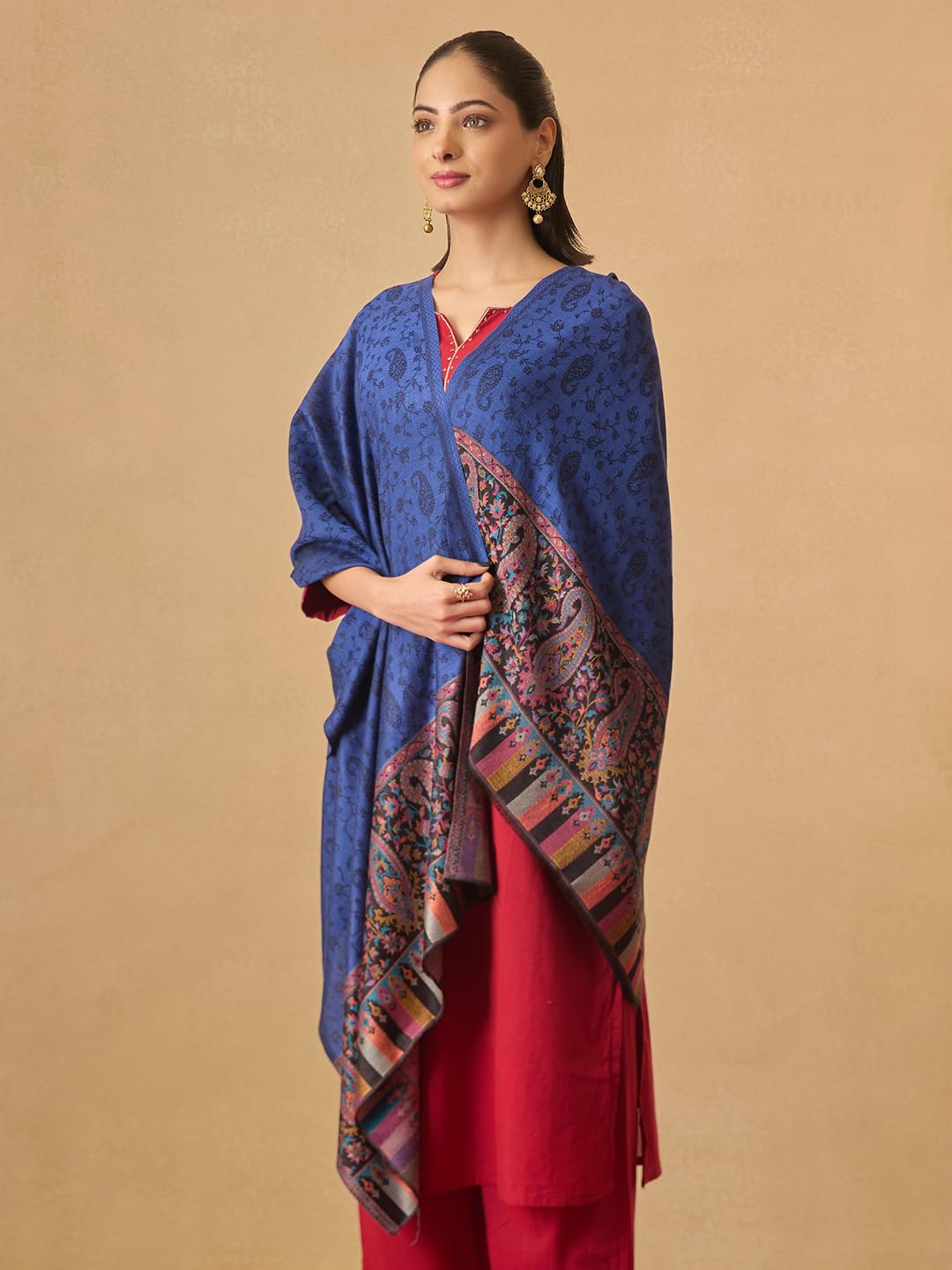 Pashmoda Women Gulpari Kaani Stole, Authentic Kashmiri Luxury Pashmina Style Shawl, Stole, (Size 28x80 Inches, Navyblue Color) MAVST06