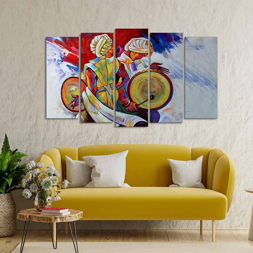 VIBECRAFTS Abstract Art Folk Dance Wall Painting of Five Pieces Set For Home|Office|Living Room|Gift (PTVC5Pcs2_6583)