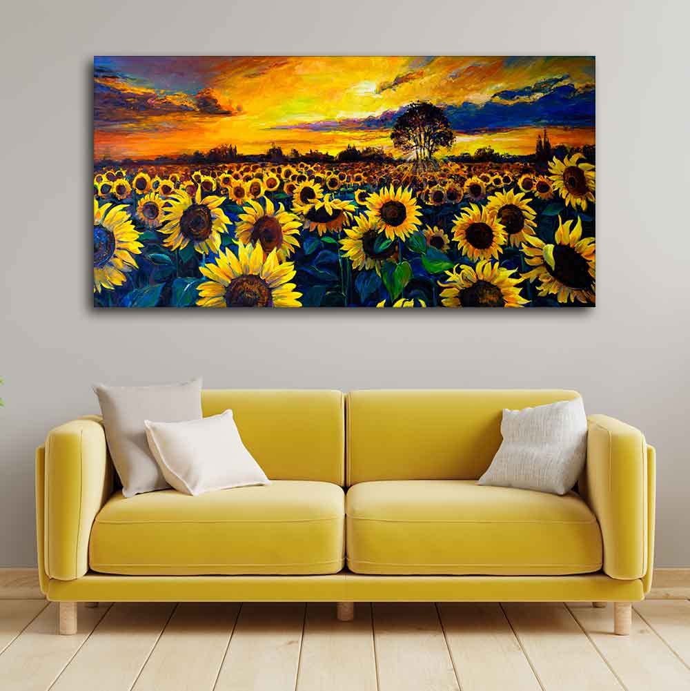VIBECRAFTS Canvas Paintings for Living Room Drawing Room Beautiful Wall Painting of Sunflower Garden in Sunset View Fitted with Wooden Frame for Home|Office|Gift(PTVCH_2289)