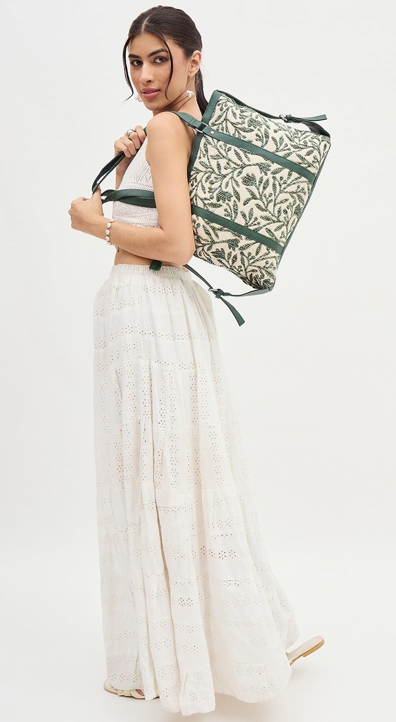 PRIMROSE Chevron Pattern Tote Bag for Women, Black and Beige (Green)