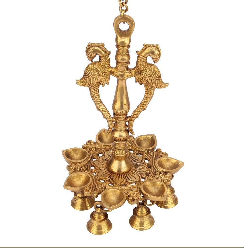 Artvarko Brass Peacock Diya Bells with Chain Wall Hanging 7 Oil Wick Deepak Home Décor Ganti Gift for Puja Temple.