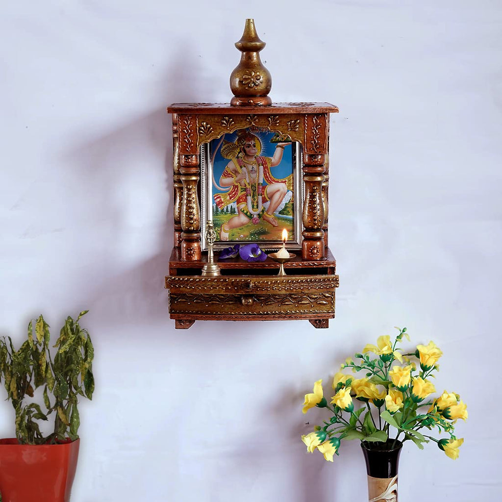 CRAFT TREE Handpainted 16'' Wood Temple for Home | Pooja Mandir for Home and Office | Wall Mounted Temple