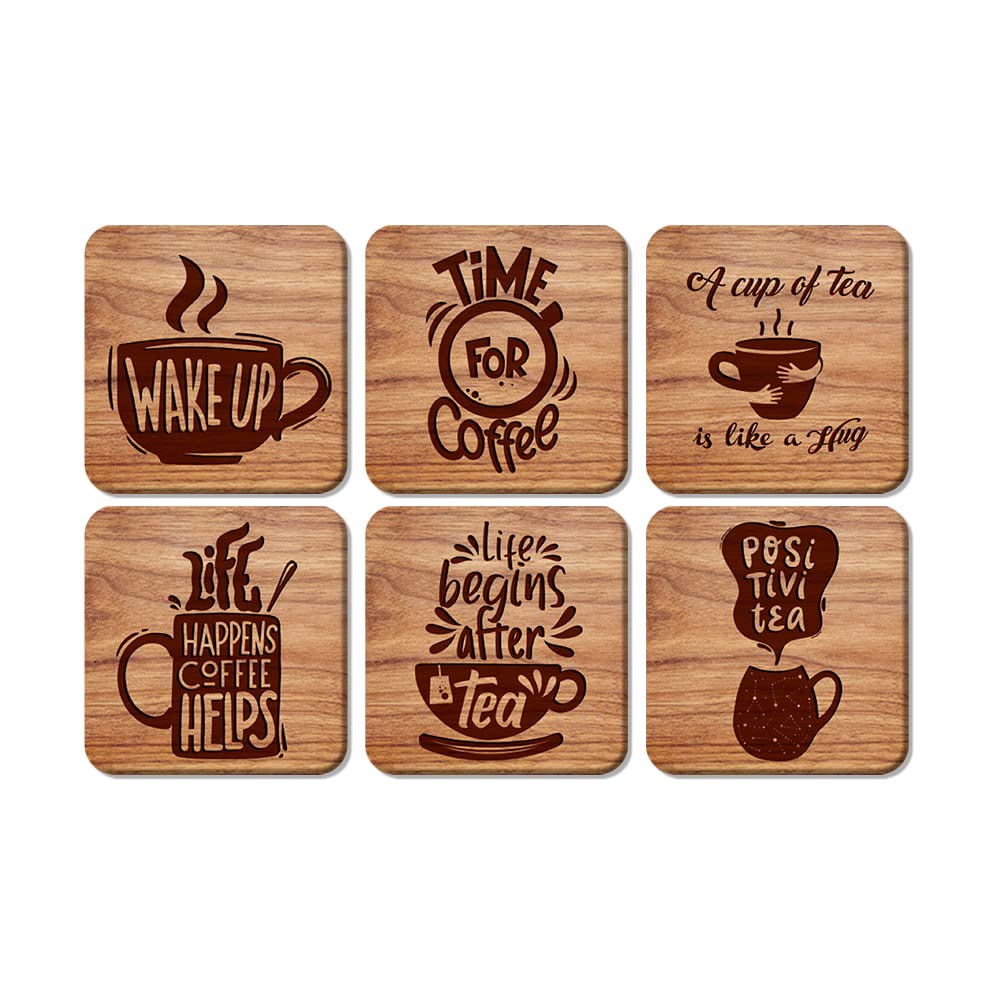 Artvibes Printed MDF Wooden Coasters for Home and Kitchen | Dining Table Decor | Square Coasters | Kitchen Decorative Items | Table Decoration | Home Decor (Set of 6 | 4x4 Inch)(Coffee Quote) TC_2015