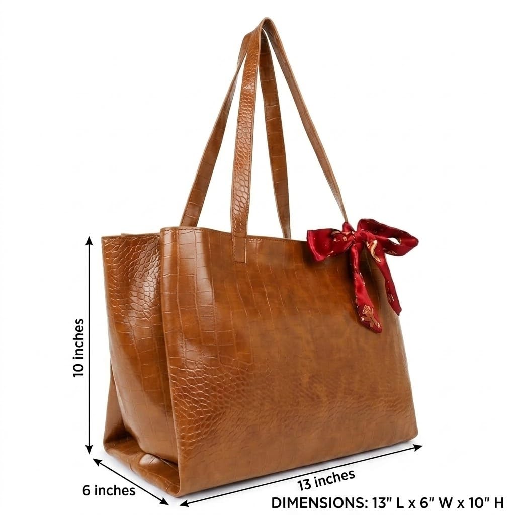 DANIEL CLARK Large Crocodile Texture Tote Bag |PU Leather Shoulder Handbag for Office, Shopping & Travel Handbag with ribbon scarf for Women & Girls (Tan)