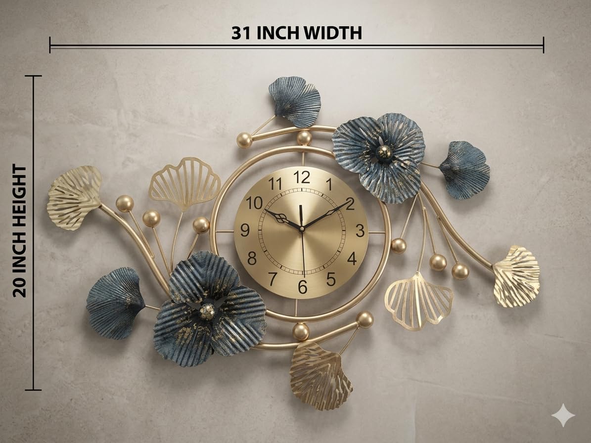 Mahira Artefacts Large Metal Wall Clock with Ginkgo Biloba Floral Art Decor, Modern Style, Golden and Blue, for Living Room, Bedroom, Office